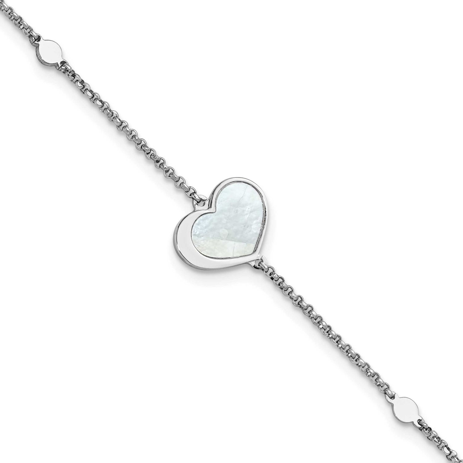 Mother of Pearl Heart 6.5 Inch with 1 Inch Extension Bracelet Sterling Silver Rhodium-Plated, MPN: …