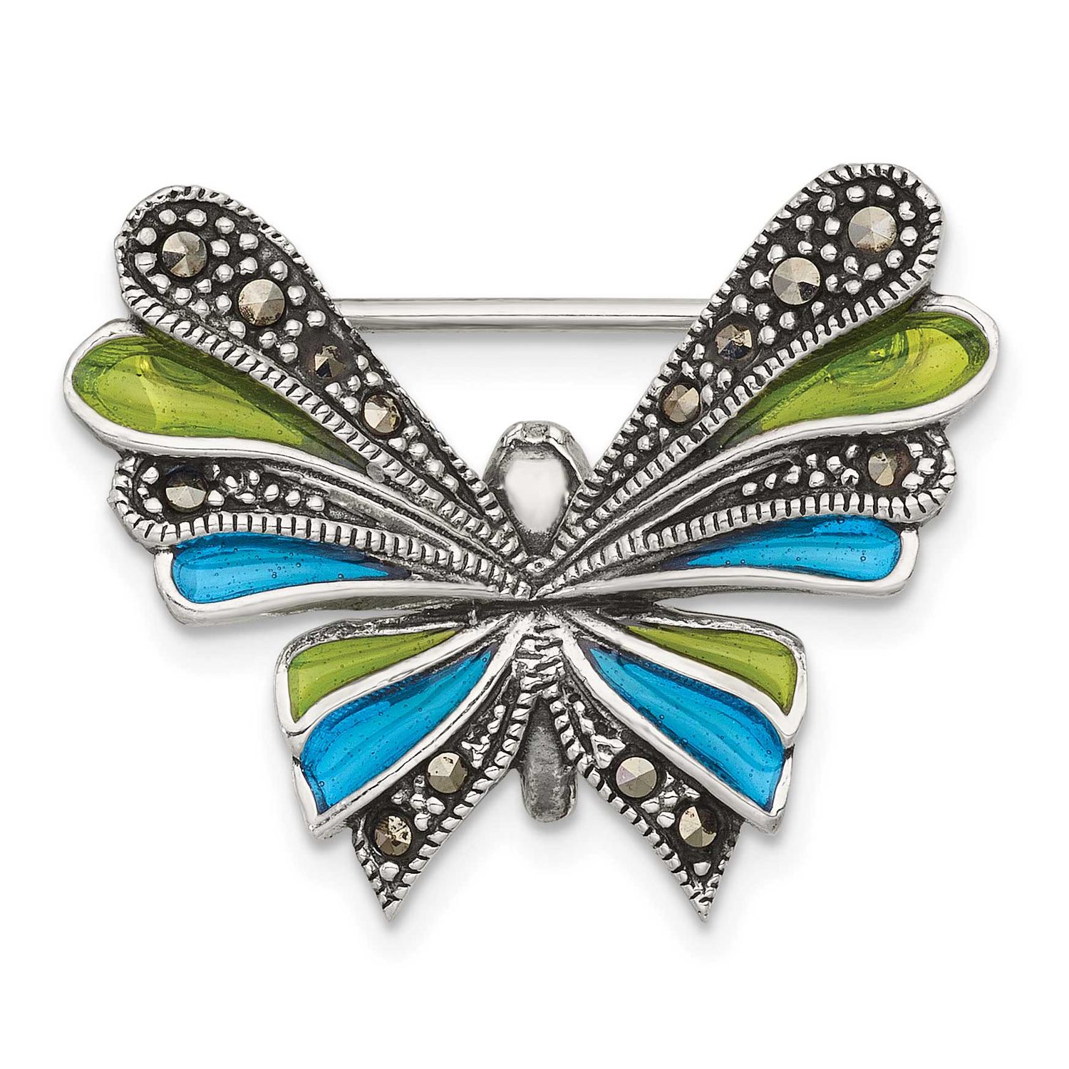 Marcasite and Green Blue Epoxy Butterfly Pin Sterling Silver Antiqued, MPN: QP5922, UPC: