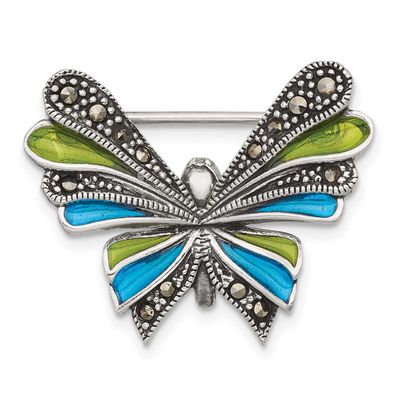 Marcasite and Green Blue Epoxy Butterfly Pin Sterling Silver Antiqued, MPN: QP5922, UPC: