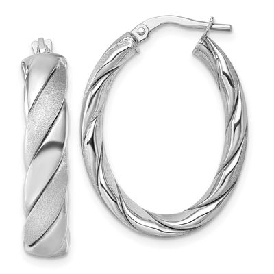 Polished Scratch Finish Twisted Oval Hoop Earrings Sterling Silver Rhodium-Plated Polished, MPN: QE…