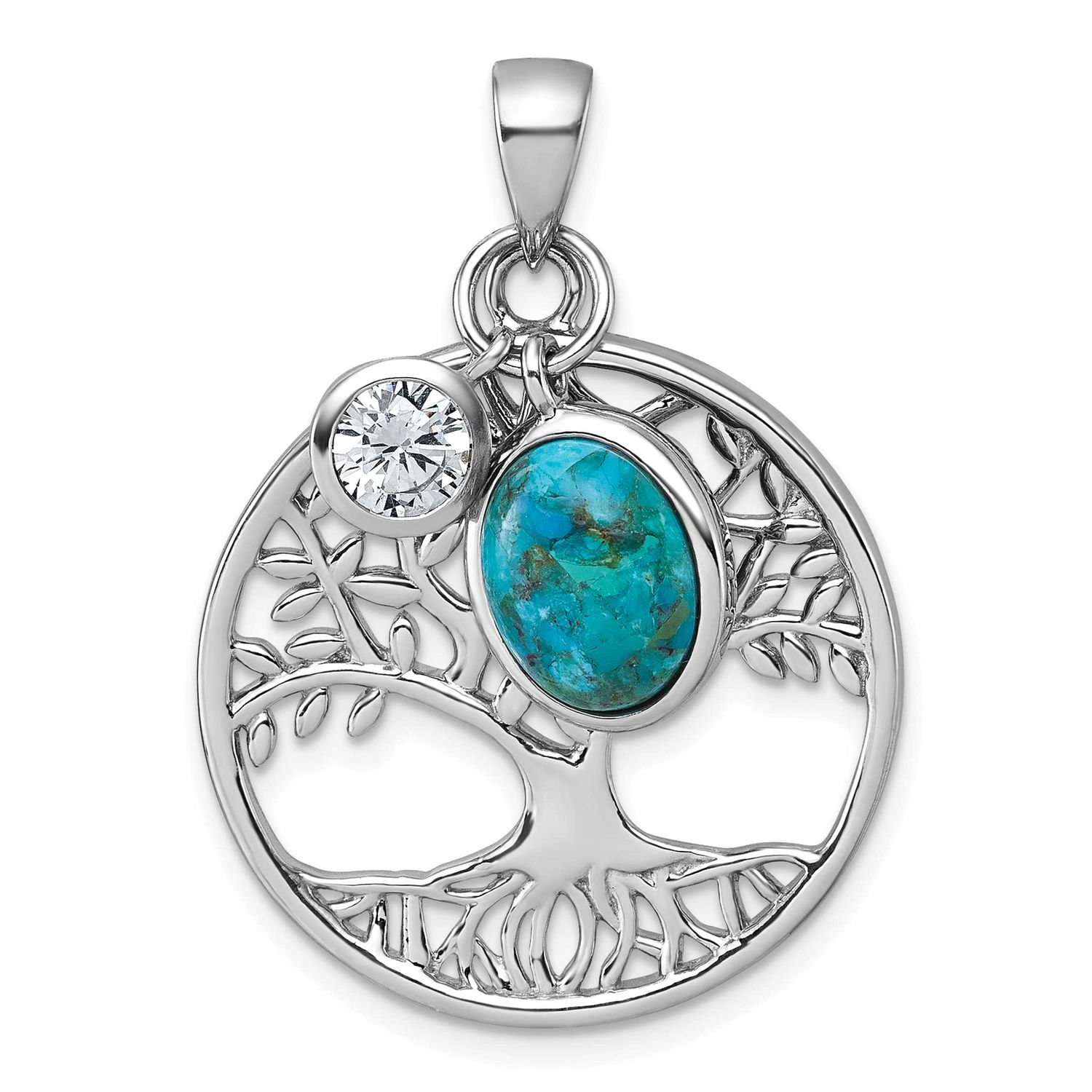 CZ / Reconstructed Turquoise Tree of Life Pendant Sterling Silver Rhodium-Plated, MPN: QC11565, UPC: