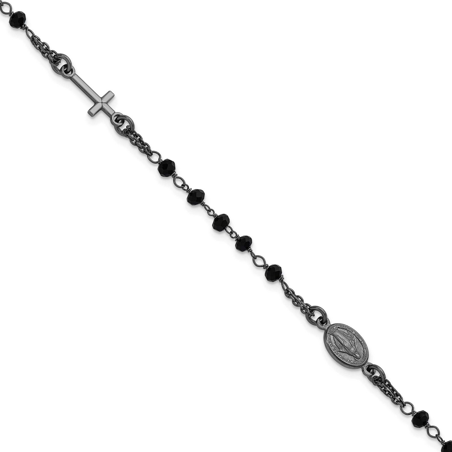 Black Rh-Plat Crystal 7 Inch with .75 Inch Extender Rosary Bracelet Sterling Silver, MPN: QH5883-7,…