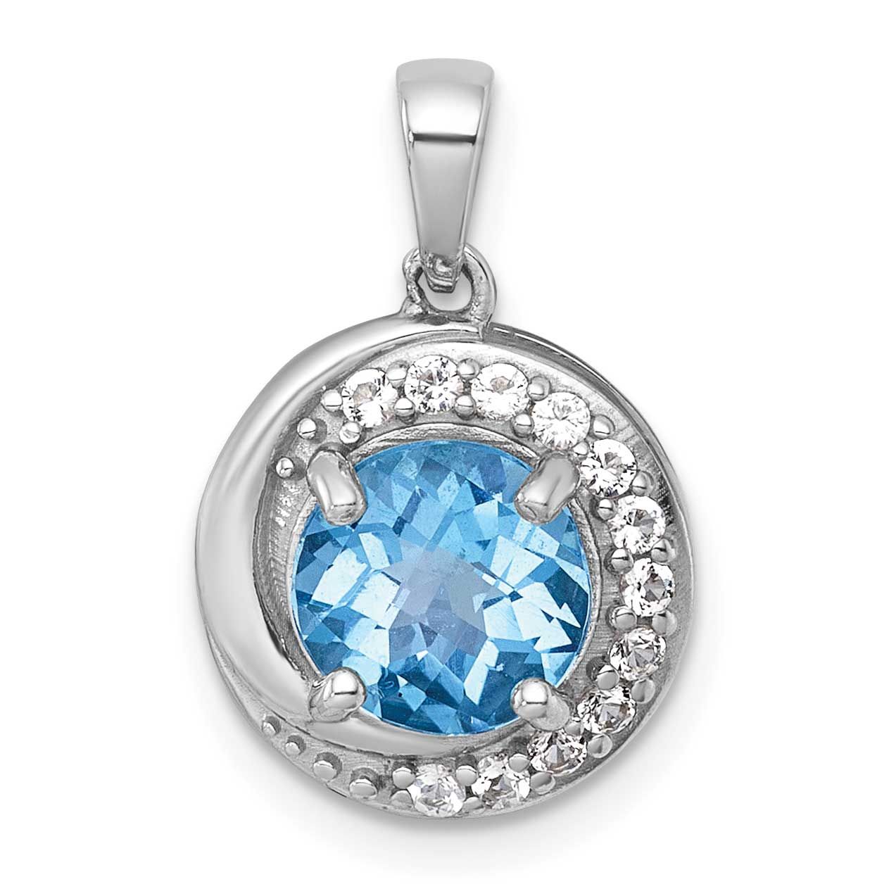 Polished Checker-Cut Round Light Swiss Blue Topaz and White Topaz Circle Pendant Sterling Silver Rh…