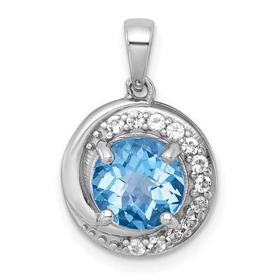 Polished Checker-Cut Round Light Swiss Blue Topaz and White Topaz Circle Pendant Sterling Silver Rh…
