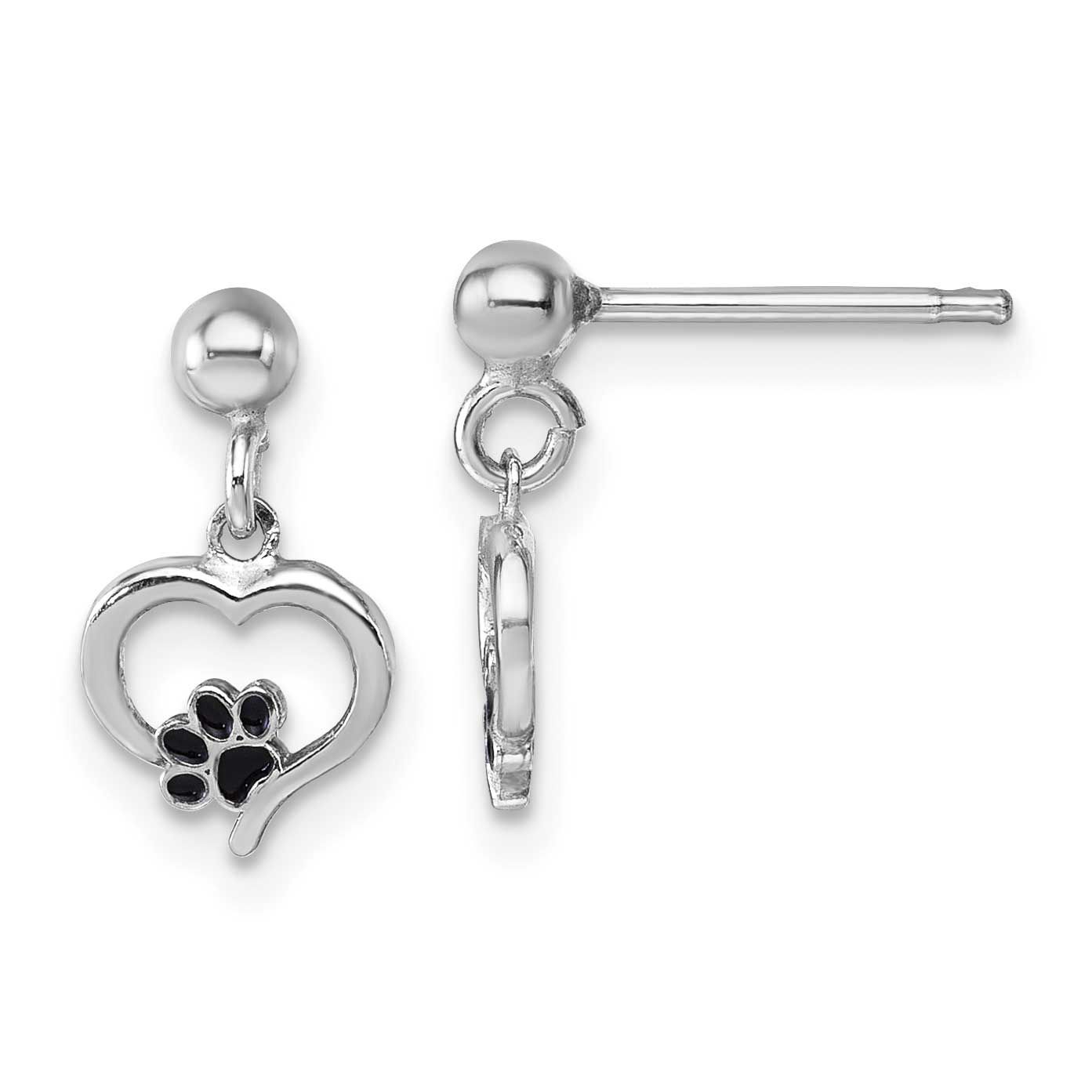 Sterling Silver Rhodium-Plat Heart Enamel Paw Print Post Dangle Earrings Sterling Silver Rhodium-Pl…