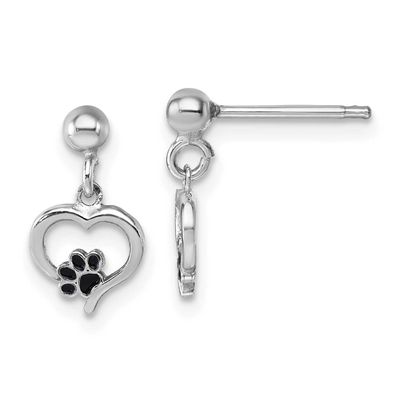 Sterling Silver Rhodium-Plat Heart Enamel Paw Print Post Dangle Earrings Sterling Silver Rhodium-Pl…
