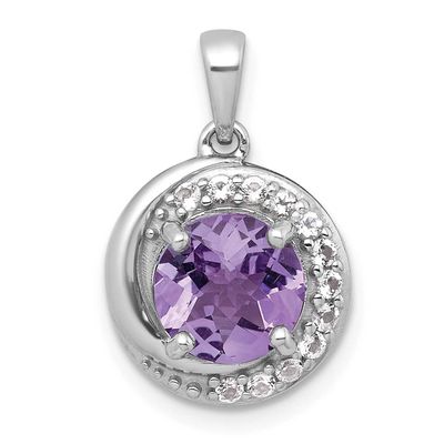 Polished Checker-Cut Round Amethyst and White Topaz Circle Pendant Sterling Silver Rhodium-Plated, …