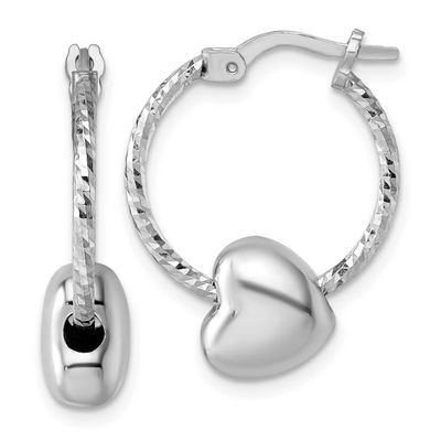 Twisted Diamond-cut with Heart Bead Hoop Earrings Sterling Silver Rhodium-Plated, MPN: QE17800, UPC: