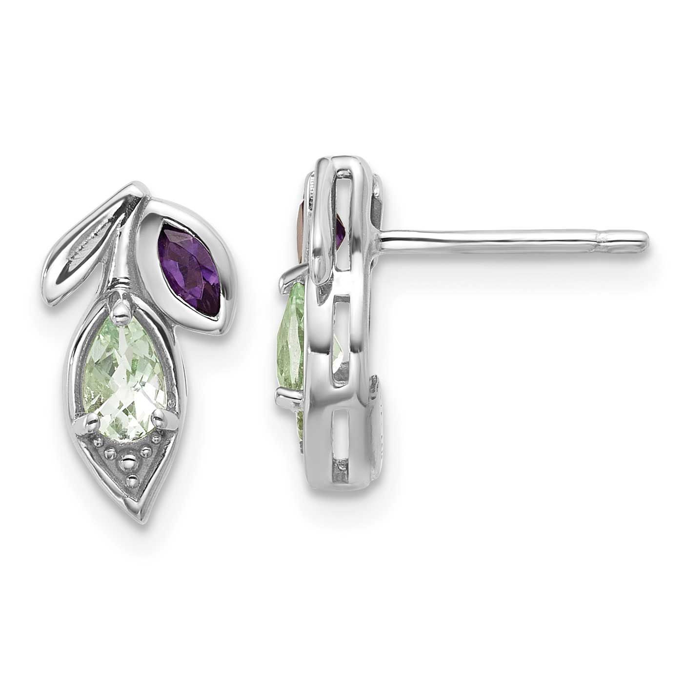 Polished Amethyst and Green Quartz Leaf Post Earrings Sterling Silver Rhodium-Plated, MPN: QE18322A…