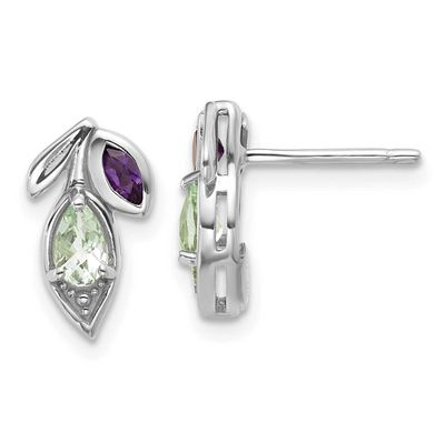 Polished Amethyst and Green Quartz Leaf Post Earrings Sterling Silver Rhodium-Plated, MPN: QE18322A…