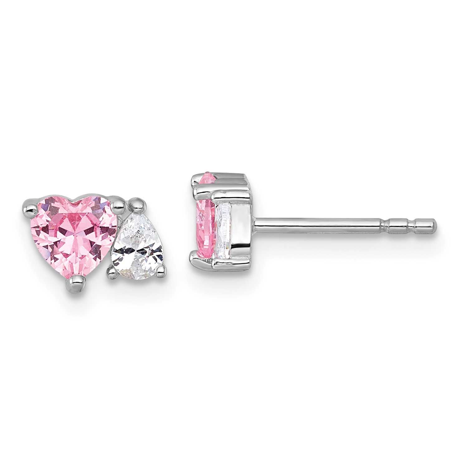 Pink White Heart and Pear-Shaped CZ Post Earrings Sterling Silver Rhodium-Plated, MPN: QE18199, UPC: