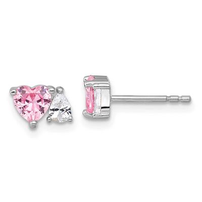 Pink White Heart and Pear-Shaped CZ Post Earrings Sterling Silver Rhodium-Plated, MPN: QE18199, UPC: