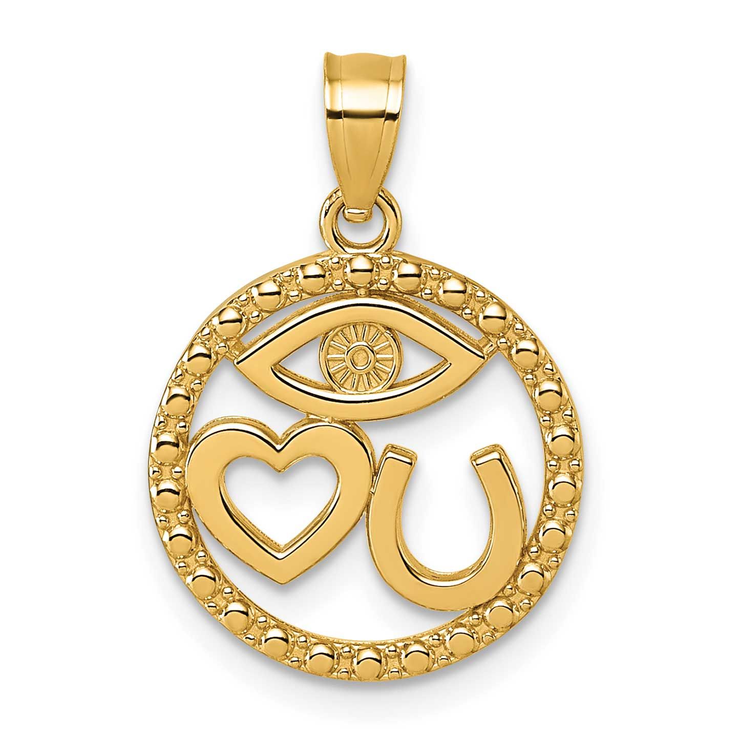 Heart Evil Eye and Horse Shoe In Circle Pendant 14k Gold Polished, MPN: K10046, UPC: