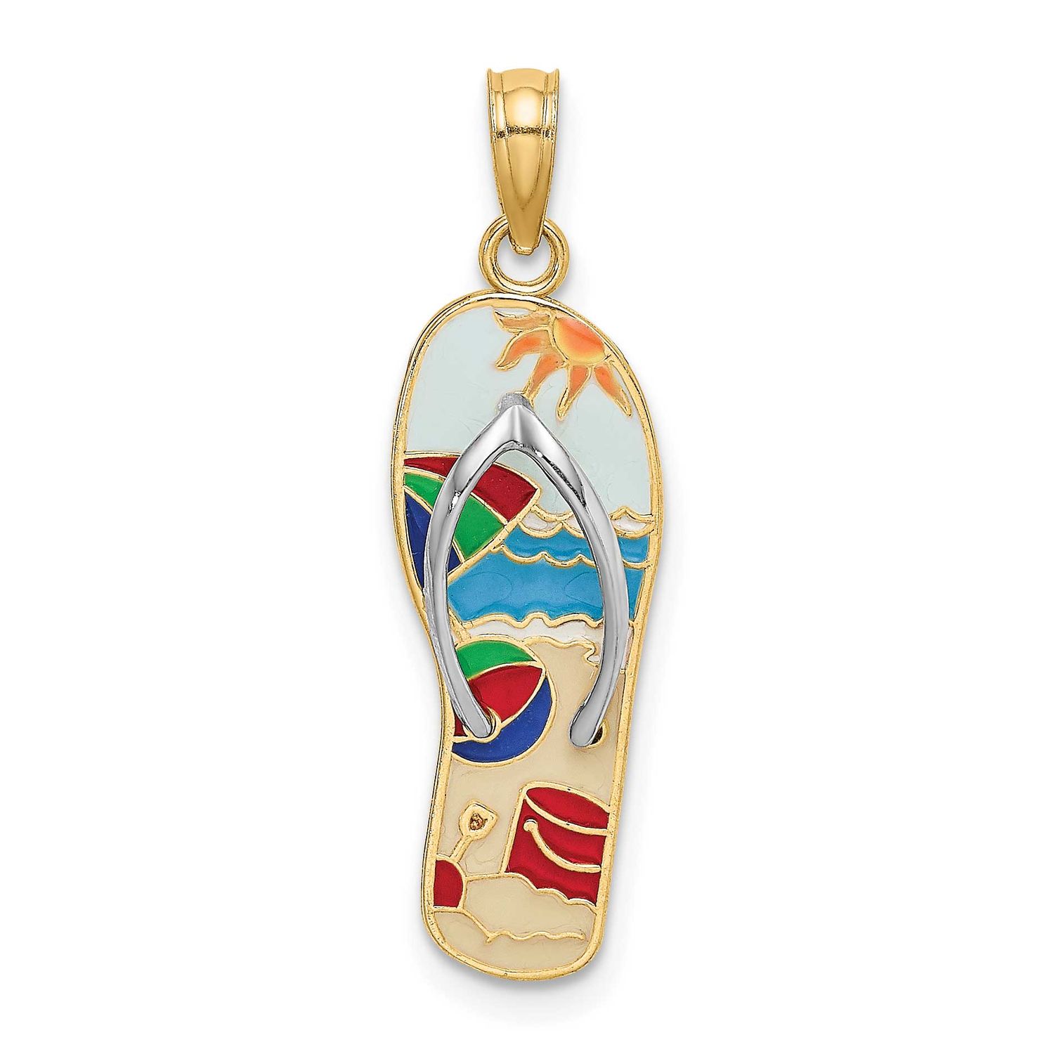Multi-Colored 3D Enamel Beach Scene On Flip-Flop Charm 14k Gold with Rhodium, MPN: K6806, UPC: 6372…