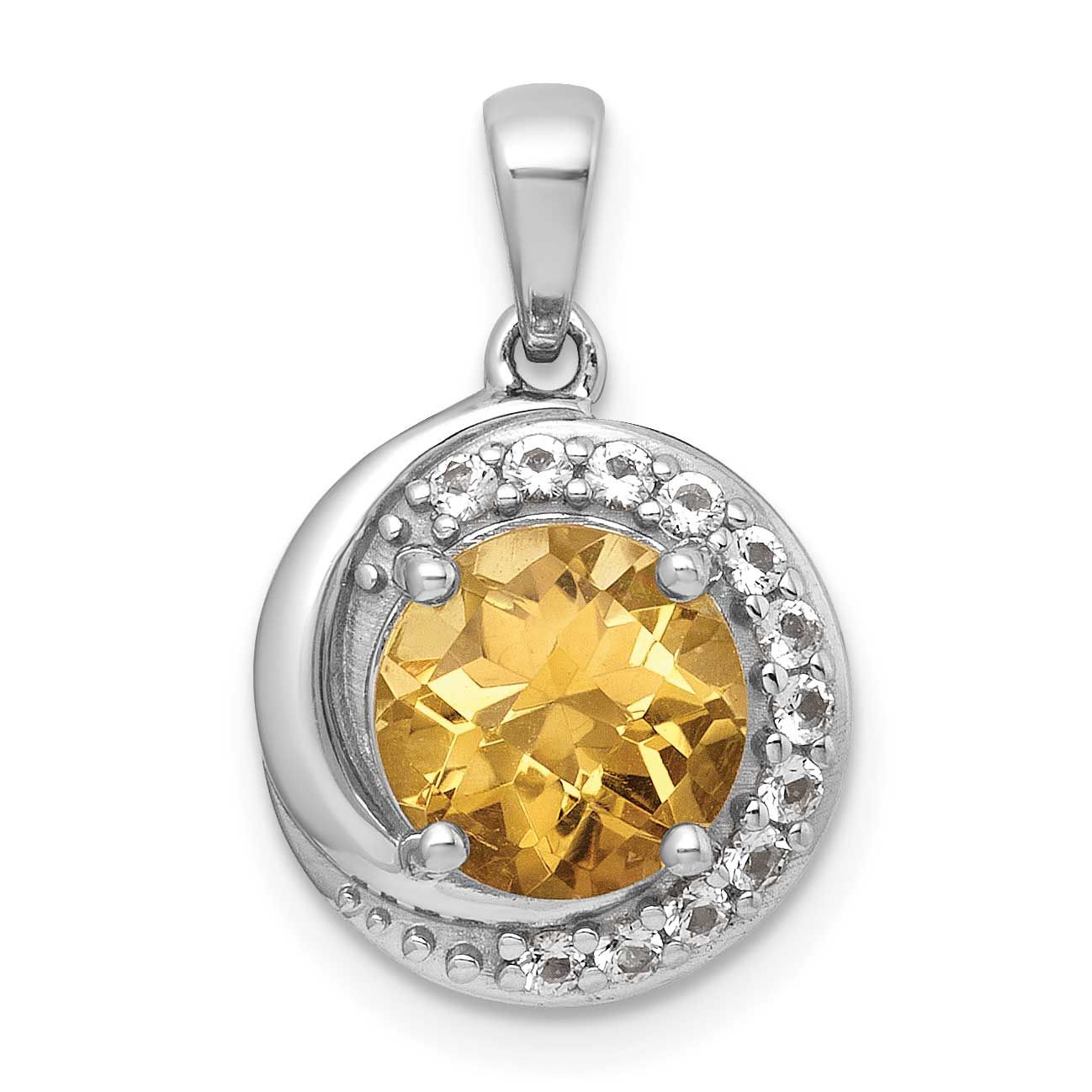 Polished Checker-Cut Round Citrine and White Topaz Circle Pendant Sterling Silver Rhodium-Plated, M…