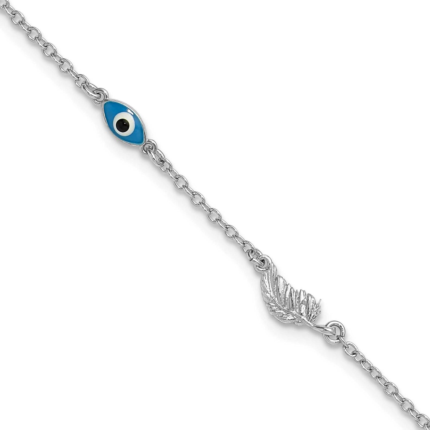 Enamel Evil Eye with Leaf 9 Inch Plus 1 Inch Extender Anklet Sterling Silver Rhodium-Plated, MPN: Q…