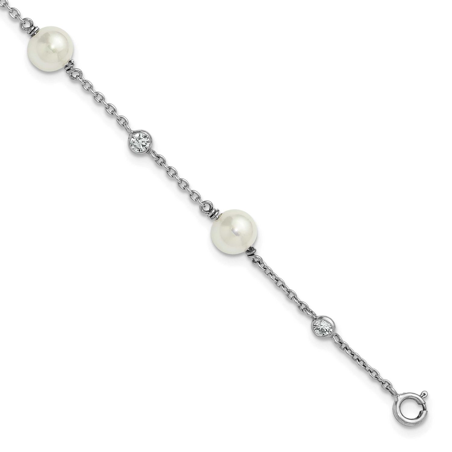 CZ and Shell Pearl 7 Inch with .5 Inch Extension Bracelet Sterling Silver Rhodium-Plated Polished, …