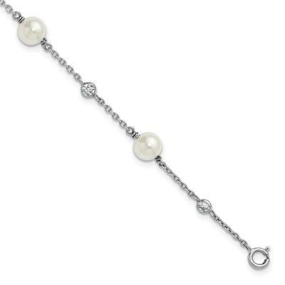 CZ and Shell Pearl 7 Inch with .5 Inch Extension Bracelet Sterling Silver Rhodium-Plated Polished, …