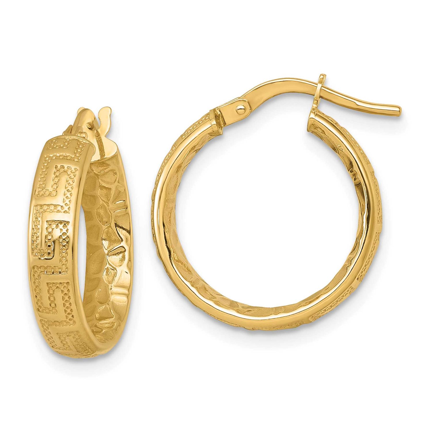 Textured 4mm Greek Key Textured Inside Hinged Hoop Earrings 14k Gold Polished, MPN: TF2403, UPC: