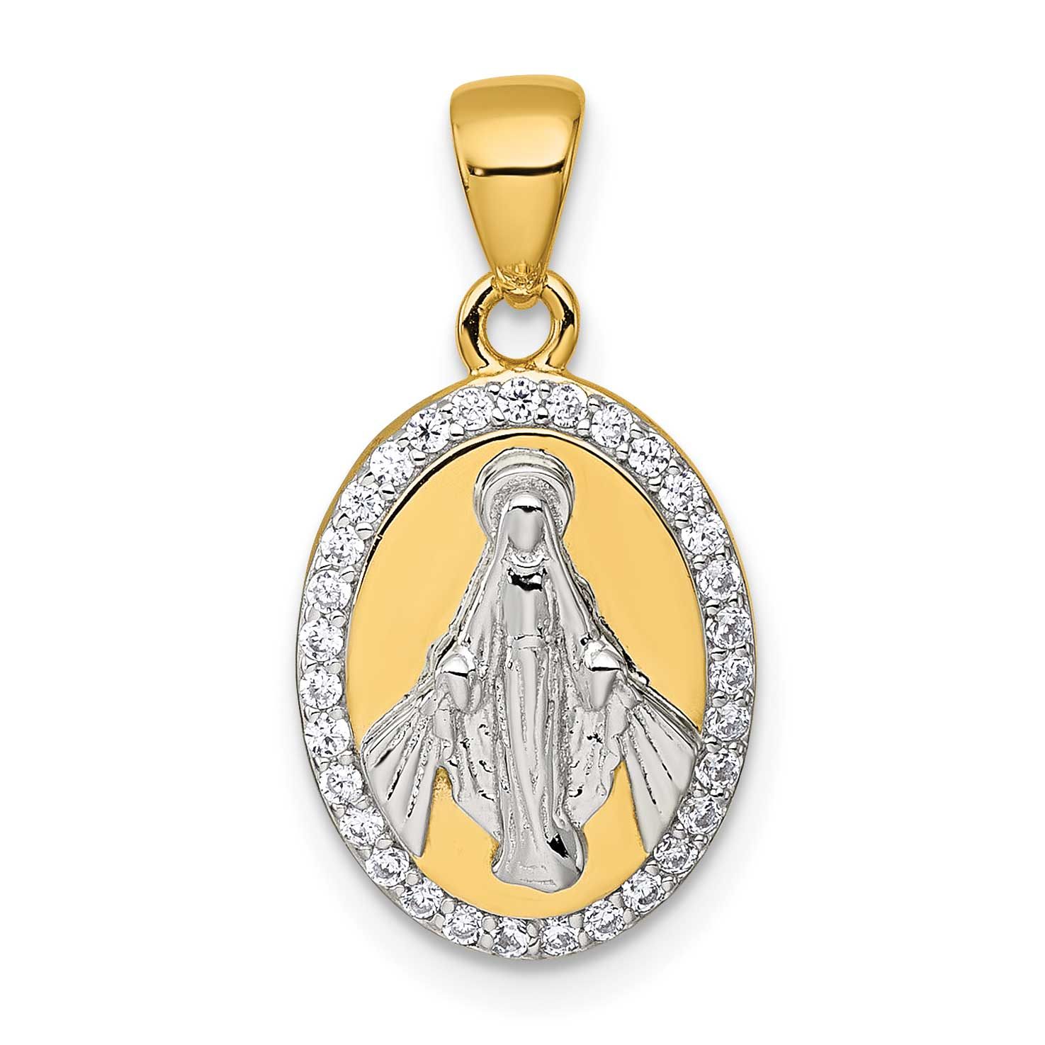 Gold-Tone Polished CZ Miraculous Medal Pendant Sterling Silver Rhodium-Plated, MPN: QC11656, UPC:
