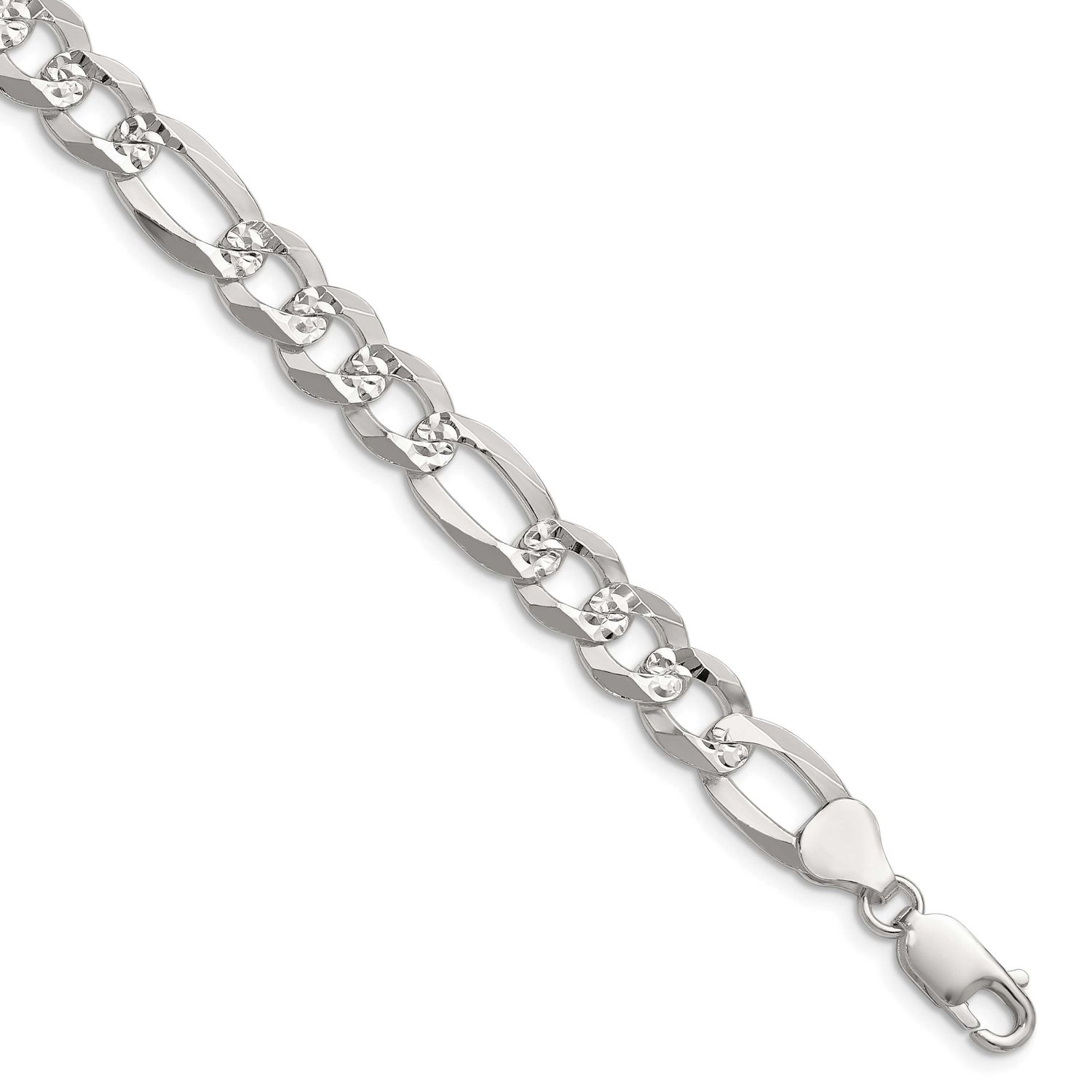 8.5mm Flat Diamond-cut Pave Figaro Chain 8 Inch Sterling Silver, MPN: QPF200-8, UPC: