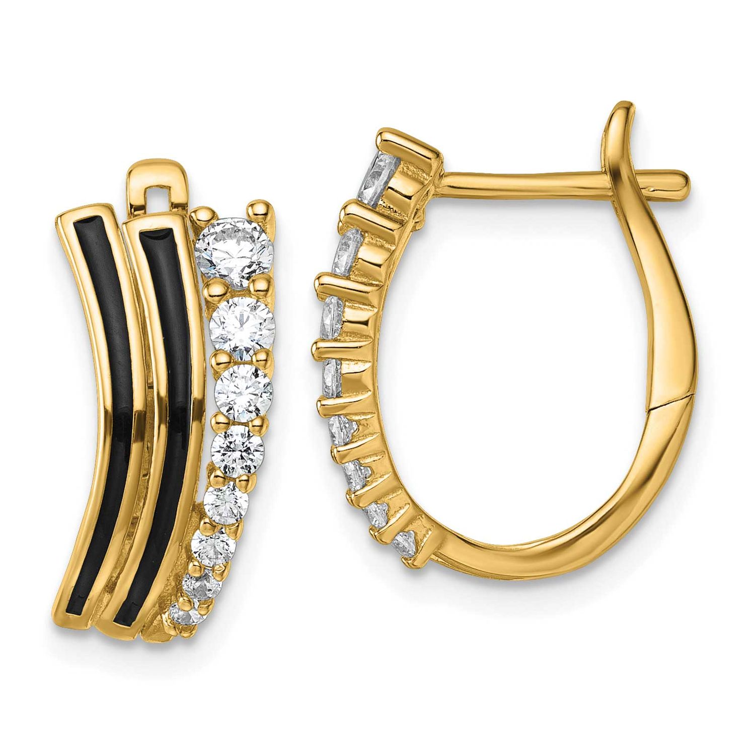 Black Enamel CZ Hinged Hoop Earrings Sterling Silver Gold-Tone, MPN: QG7171E, UPC: