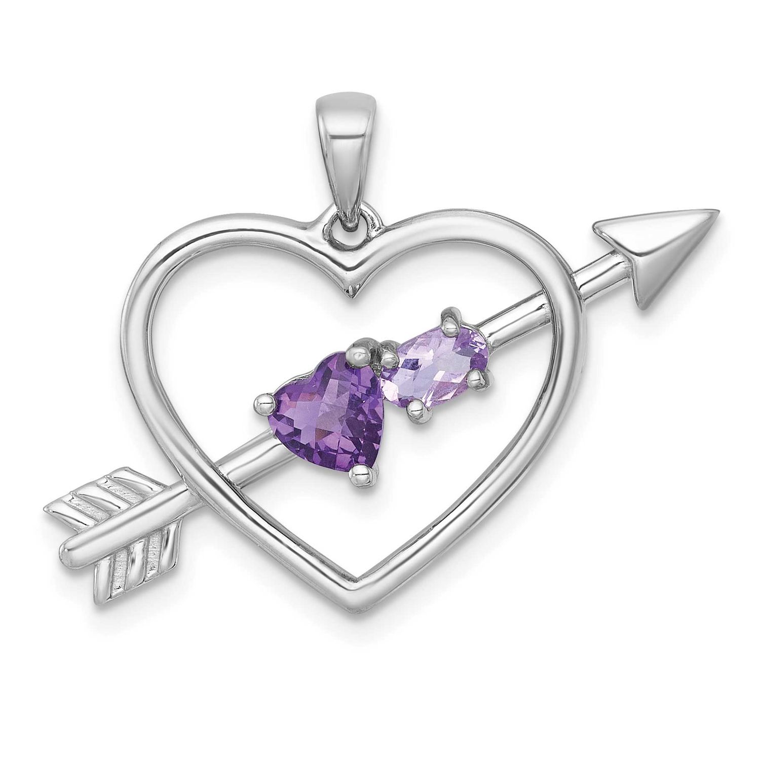 Polished Amethyst and Rose De France Quartz Arrow Heart Pendant Sterling Silver Rhodium-Plated, MPN…