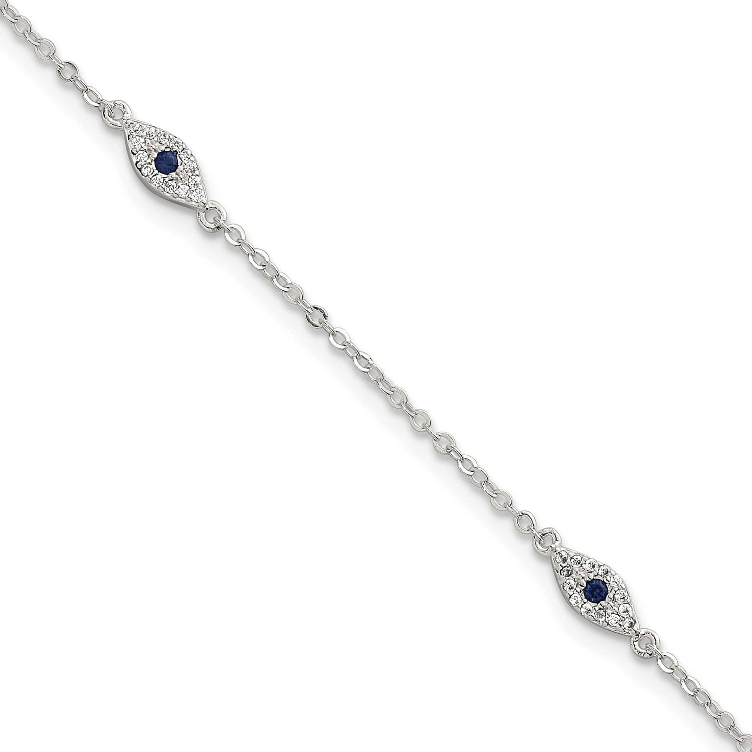 Blue and White CZ Evil Eye 7 Inch with 1 Inch Extension Bracelet Sterling Silver Polished, MPN: QG6…