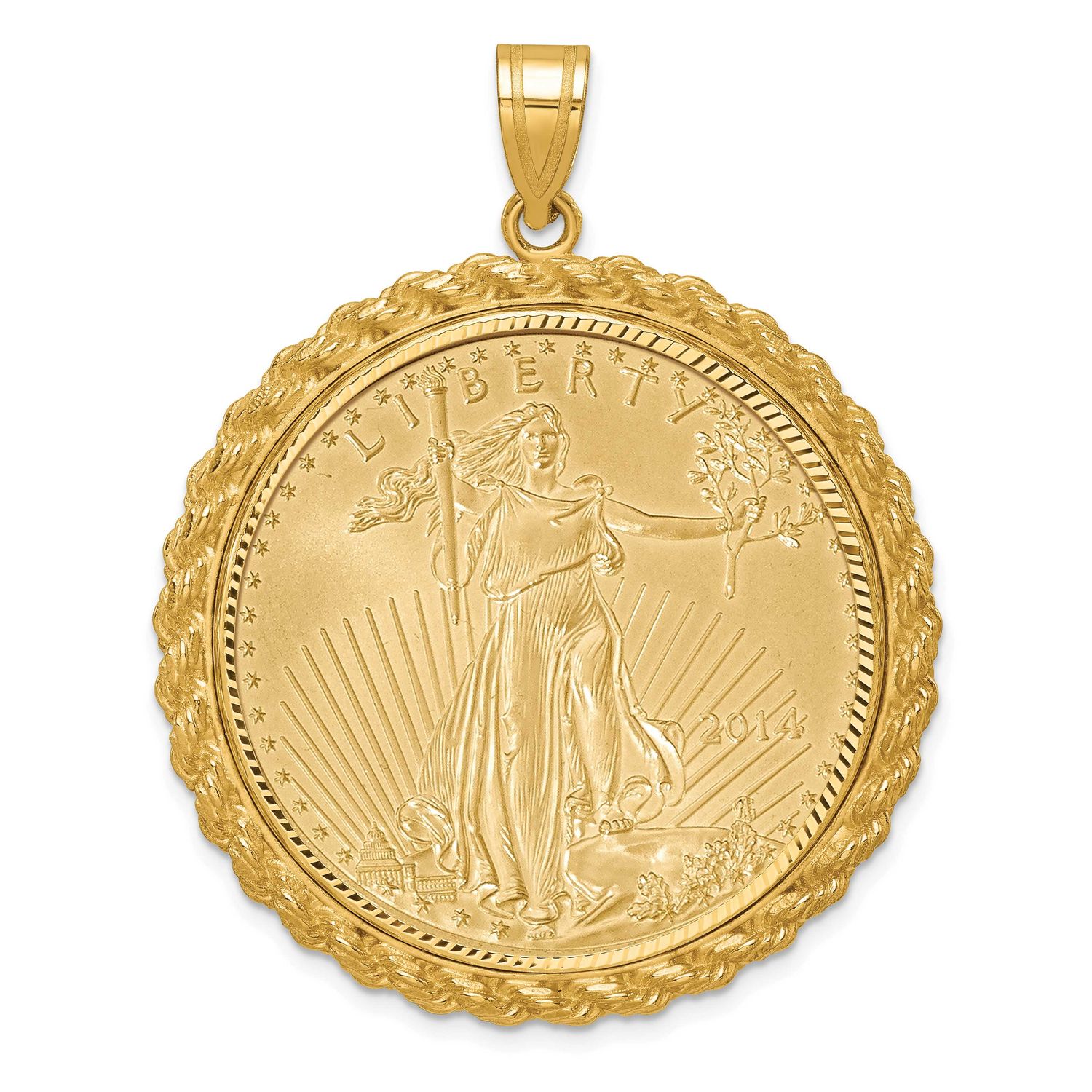 Diamond-Cut Casted Rope Prong Mounted 1Oz American Eagle Coin Bezel Pendant 14k Gold, MPN: C8185D_3…