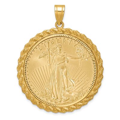 Diamond-Cut Casted Rope Prong Mounted 1Oz American Eagle Coin Bezel Pendant 14k Gold, MPN: C8185D_3…