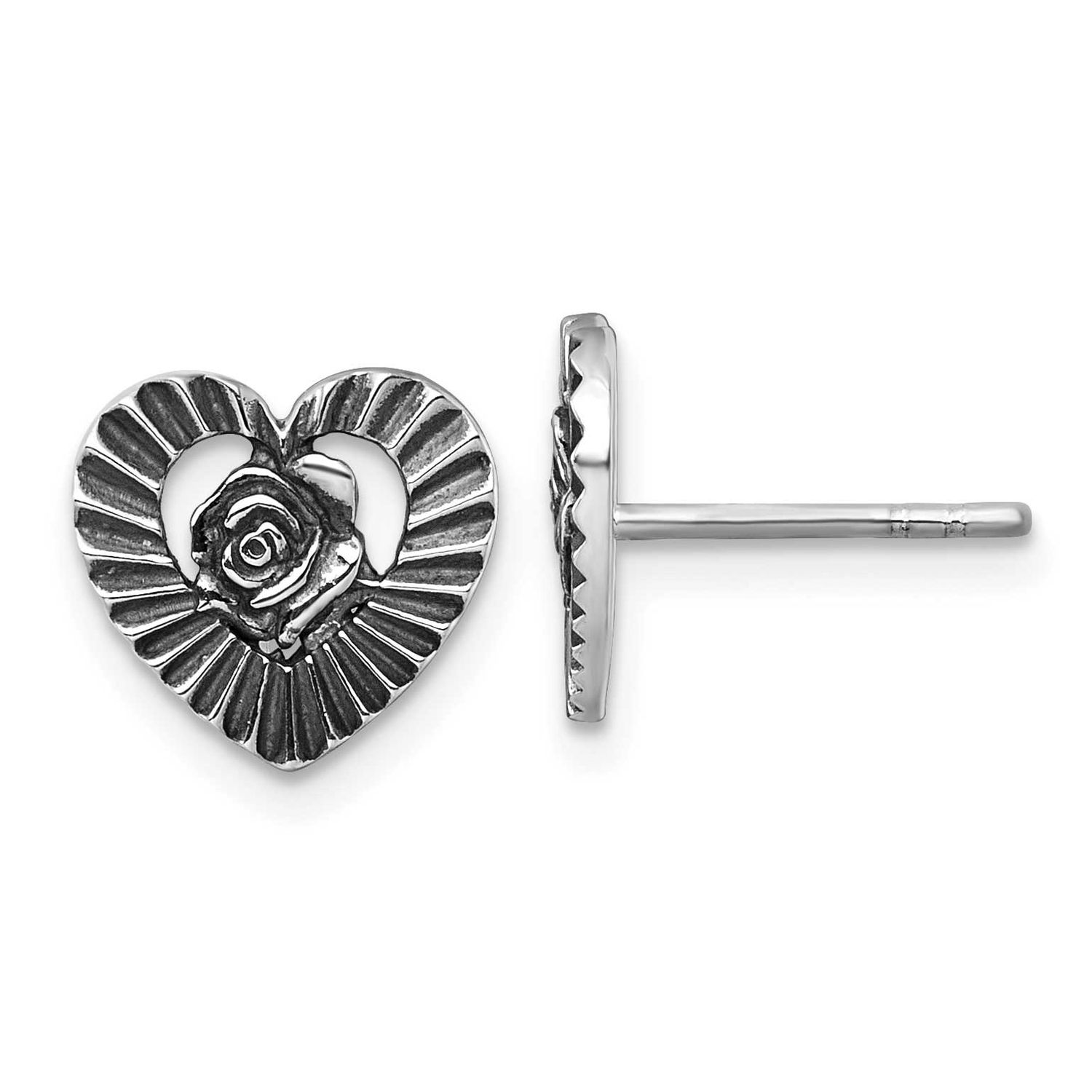 Polished Heart with Flower Post Earrings Sterling Silver Antiqued, MPN: QG7199E, UPC: