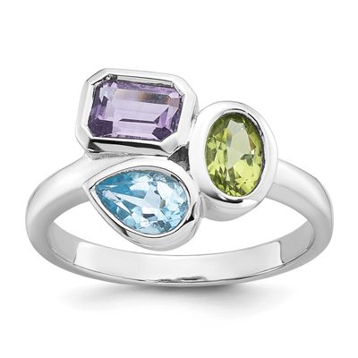 Blue Topaz/Peridot/Amethyst Ring Sterling Silver Rhodium-Plated Polished, MPN: QR7660RB, UPC: