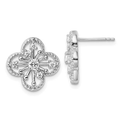 CZ Textured Clover Shape Post Earrings Sterling Silver Rhodium-Plated, MPN: QG6968E, UPC: