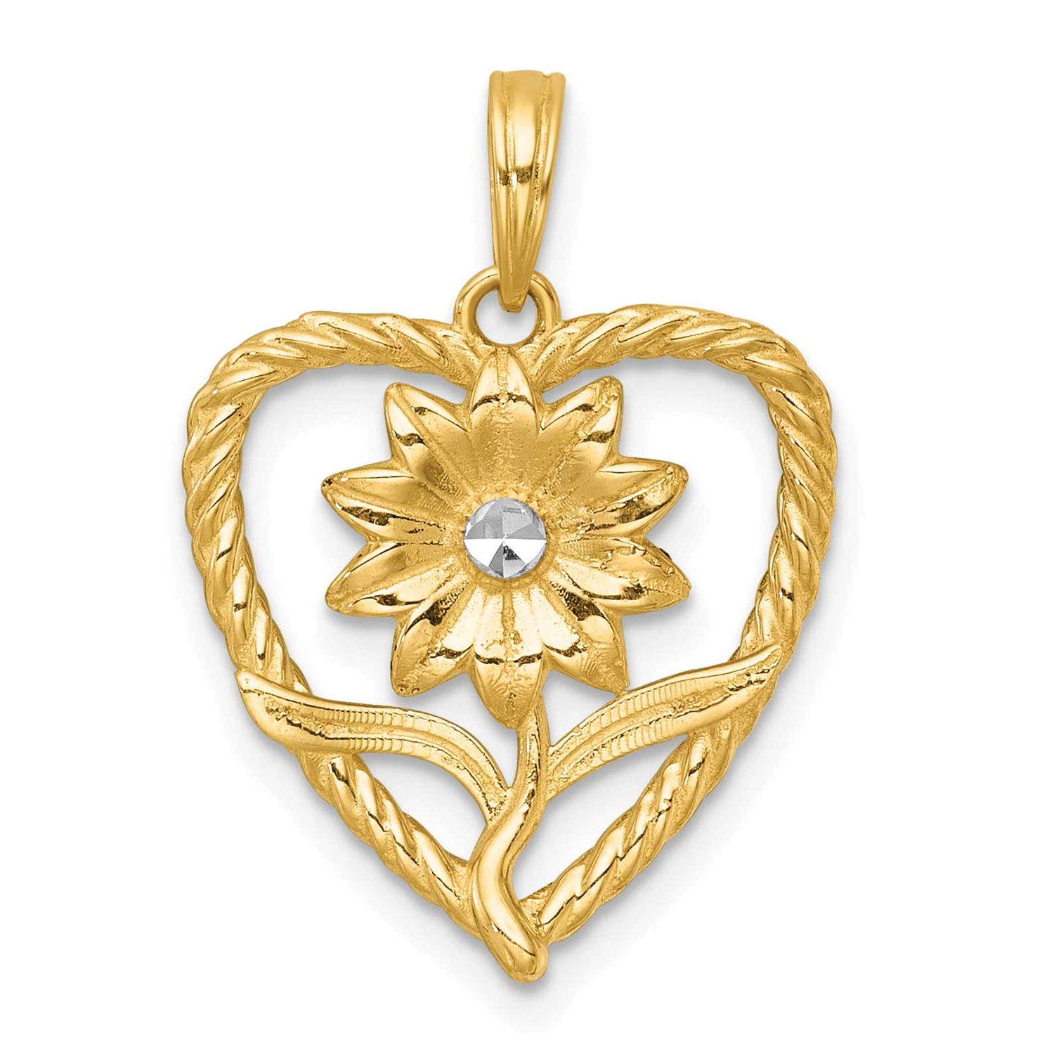 Flower In Heart Charm 14k Gold with Rhodium Polished, MPN: K9997, UPC: