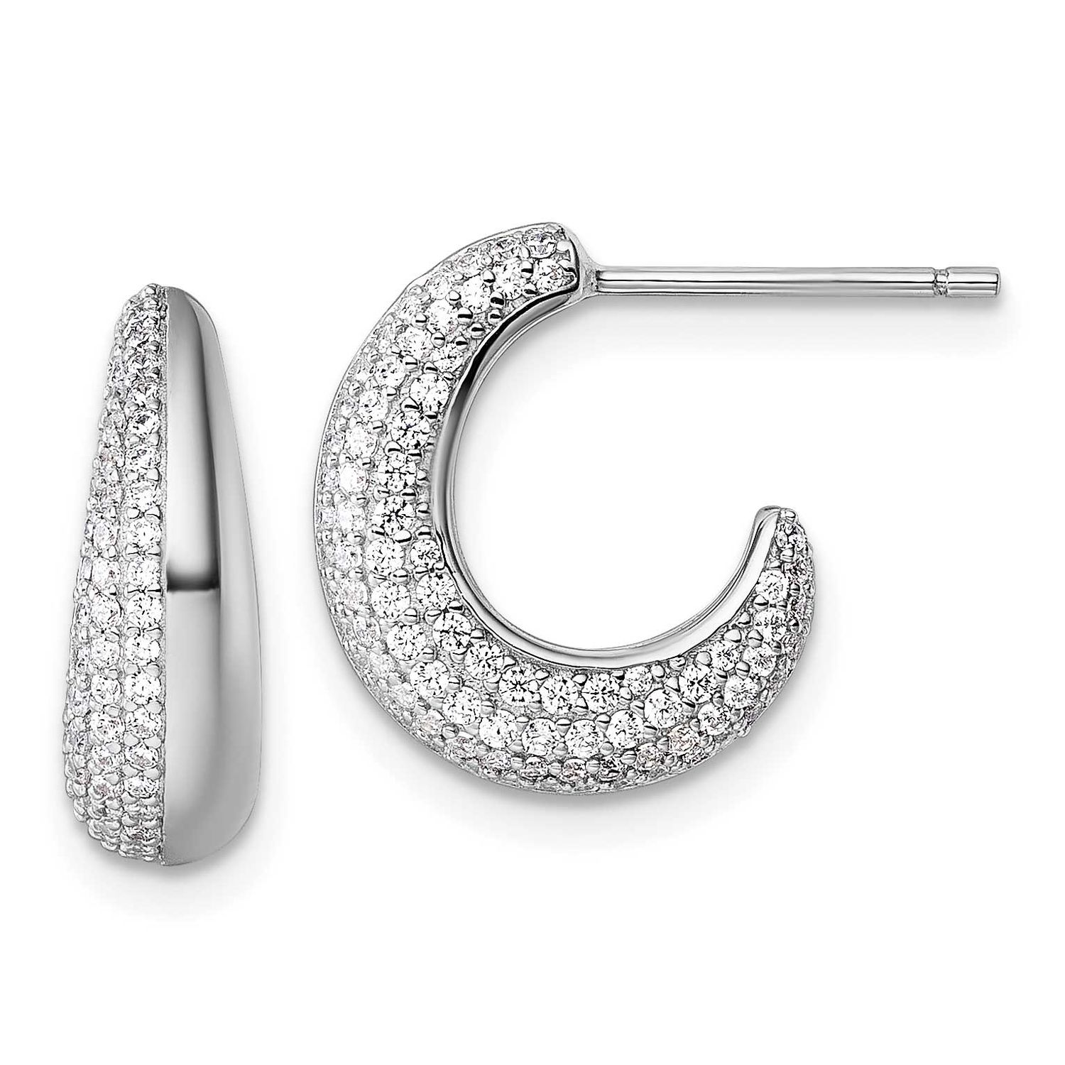 CZ Textured Post J-Hoop Earrings Sterling Silver Rhodium-Plated, MPN: QE18097, UPC:
