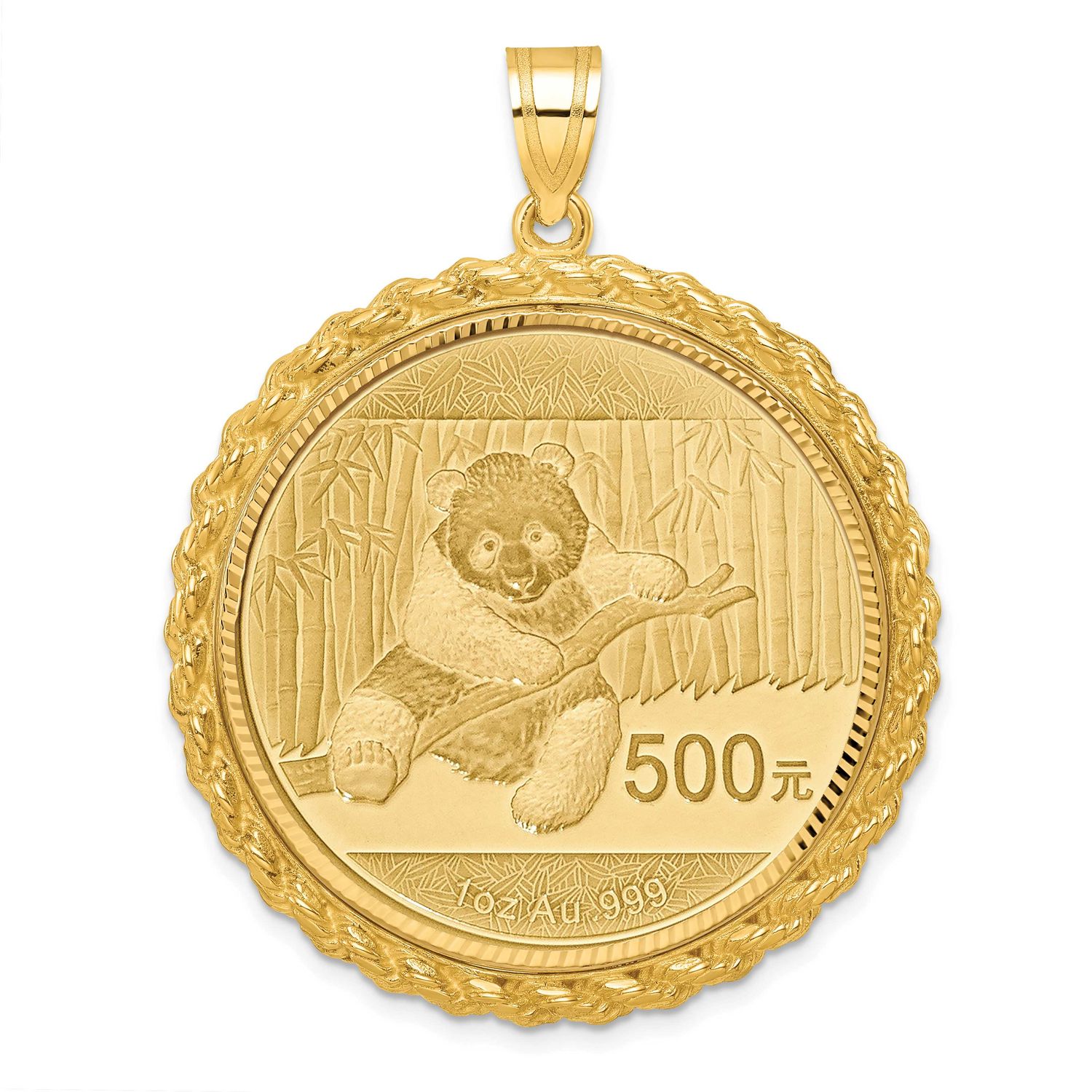 Diamond-Cut Casted Rope Prong Mounted 1Oz Panda Coin Bezel Pendant 14k Gold, MPN: C8185D_32.0C, UPC: