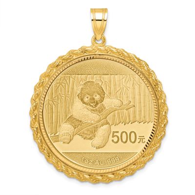 Diamond-Cut Casted Rope Prong Mounted 1Oz Panda Coin Bezel Pendant 14k Gold, MPN: C8185D_32.0C, UPC: