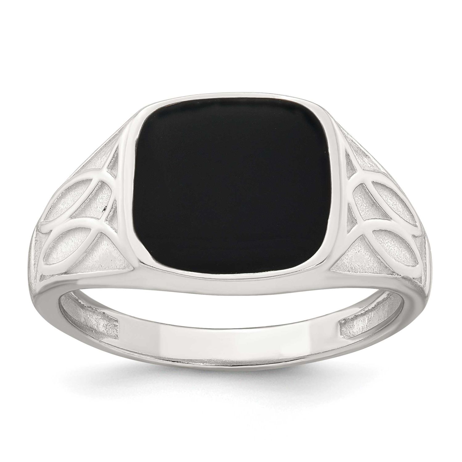 Textured Black Enamel Men&#39;s Signet Ring Sterling Silver Polished, MPN: QR7769, UPC: