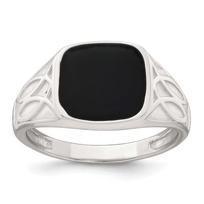 Textured Black Enamel Men&#39;s Signet Ring Sterling Silver Polished, MPN: QR7769, UPC: