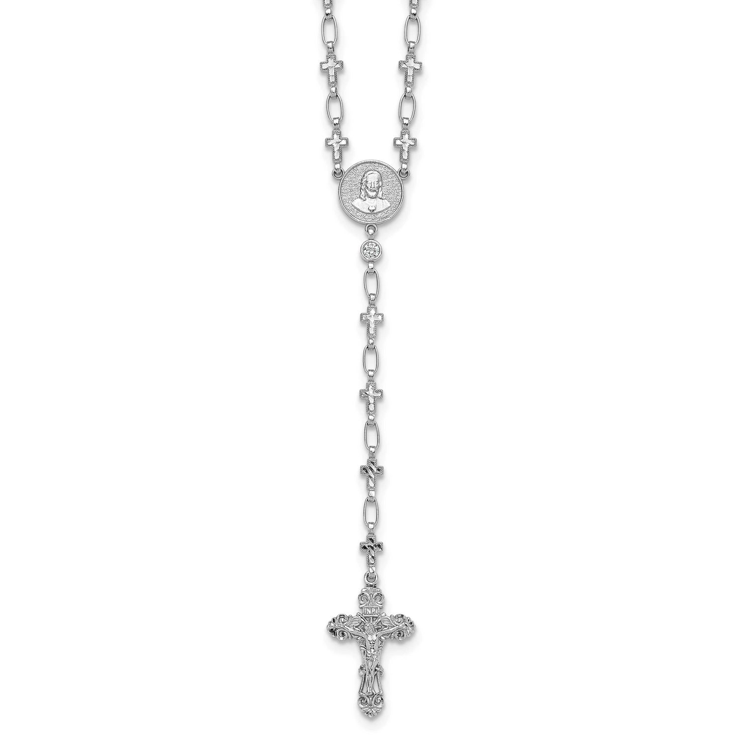 Sterling Silver Rhodium-Plat Polished CZ &amp; Diamond-cut Cross 30.5 Inch Rosary Necklace Sterling Sil…