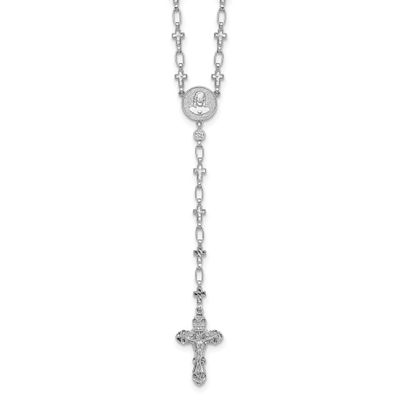 Sterling Silver Rhodium-Plat Polished CZ &amp; Diamond-cut Cross 30.5 Inch Rosary Necklace Sterling Sil…