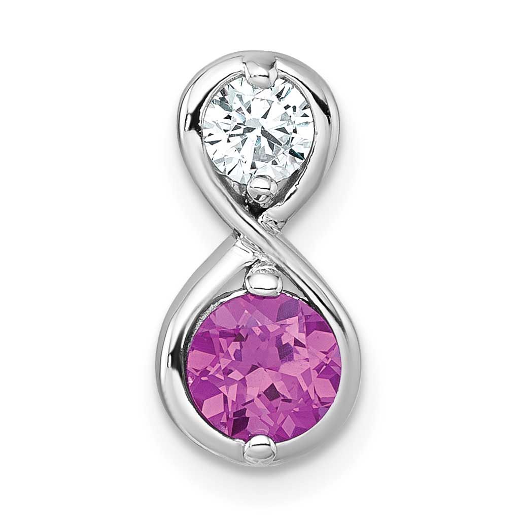 Polished Pink &amp; Clear CZ Infinity Chain Slide 15.3 Inch Sterling Silver Rhodium-Plated, MPN: QP6006…