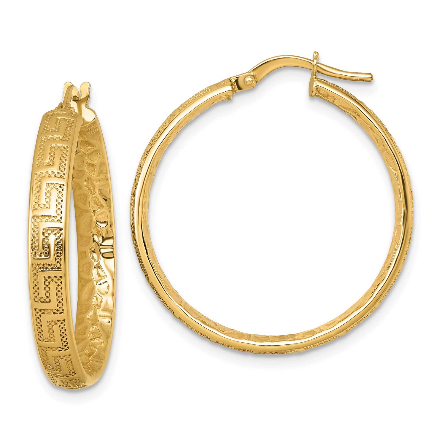 Textured 4mm Greek Key Textured Inside Hinged Hoop Earrings 14k Gold Polished, MPN: TF2401, UPC: