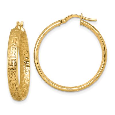 Textured 4mm Greek Key Textured Inside Hinged Hoop Earrings 14k Gold Polished, MPN: TF2401, UPC: