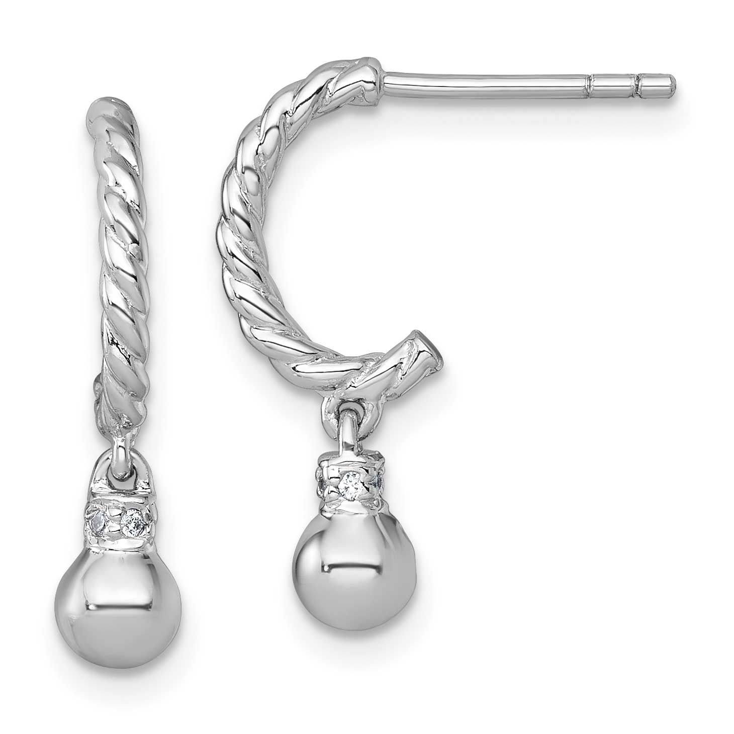 Twisted CZ Post J-Hoop Dangle Earrings Sterling Silver Rhodium-Plated Polished, MPN: QE17991, UPC: