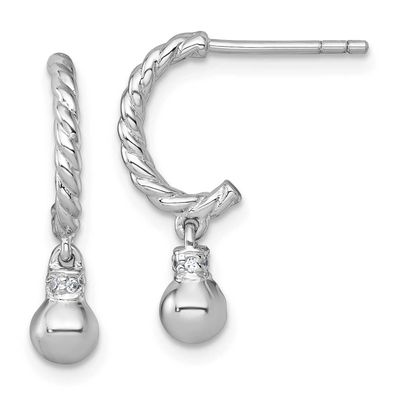 Twisted CZ Post J-Hoop Dangle Earrings Sterling Silver Rhodium-Plated Polished, MPN: QE17991, UPC: