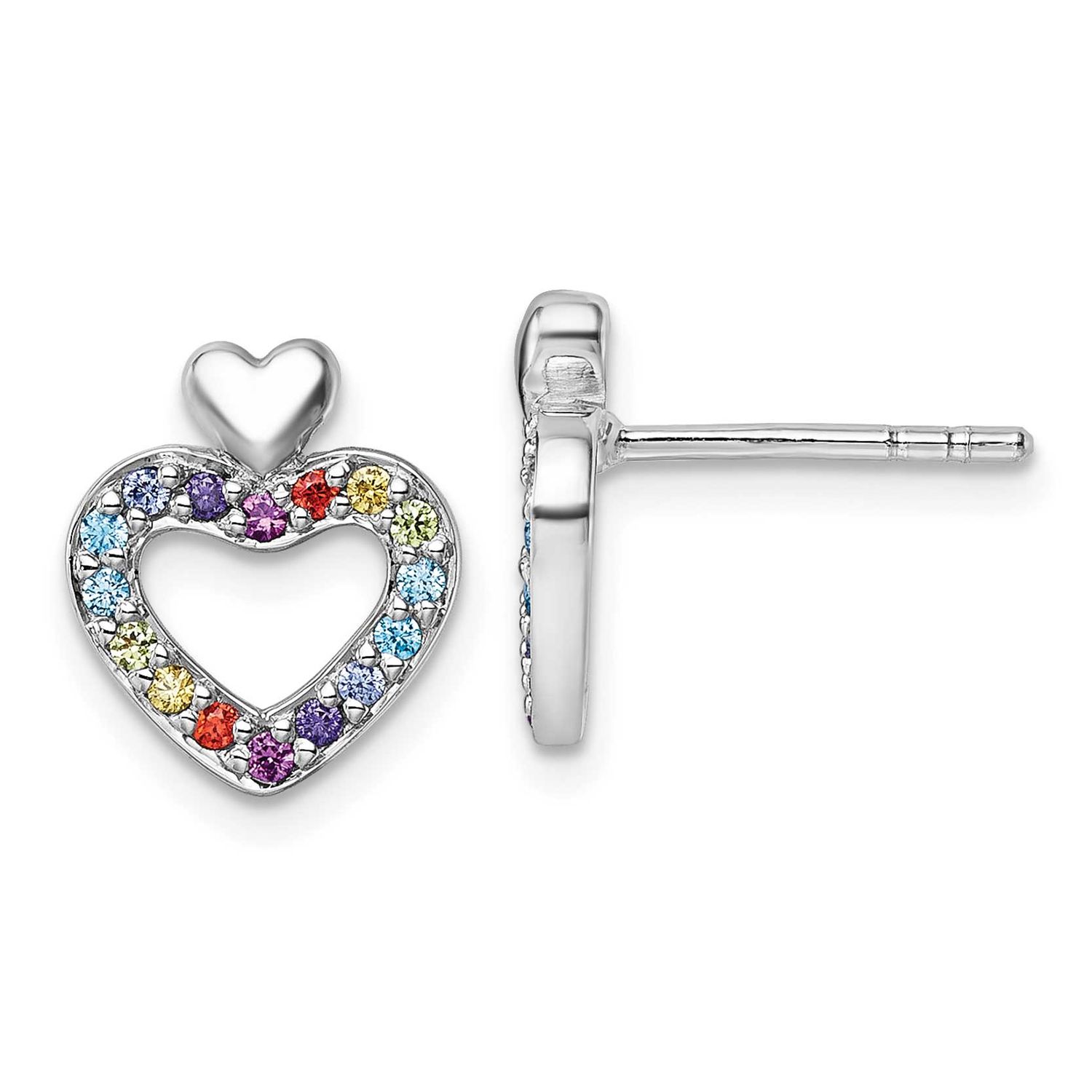 Multi Color CZ Heart Post Earrings Sterling Silver Rhodium-Plated, MPN: QG7202E, UPC: