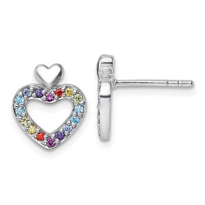 Multi Color CZ Heart Post Earrings Sterling Silver Rhodium-Plated, MPN: QG7202E, UPC: