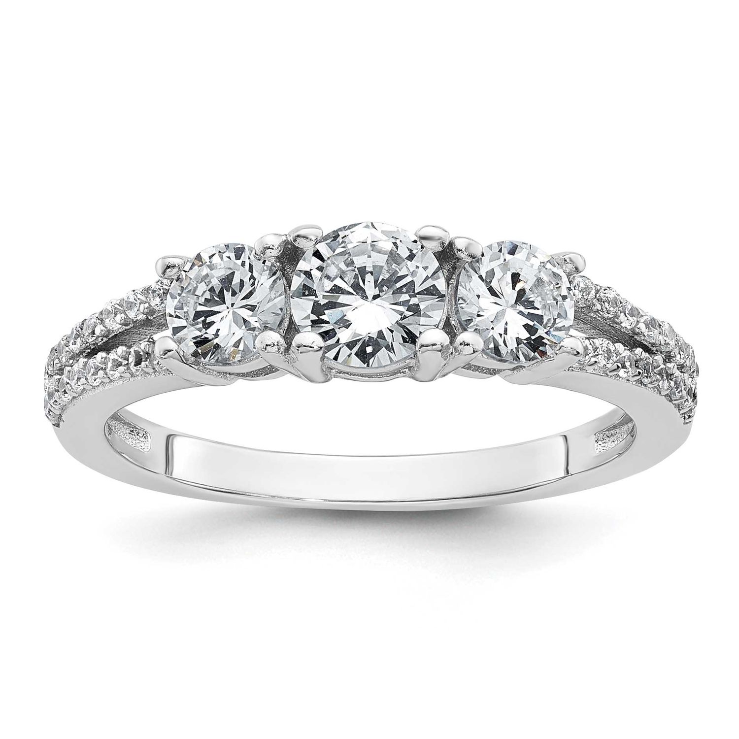 Polished CZ Three Stone Ring Sterling Silver Rhodium-Plated, MPN: QR7745, UPC: