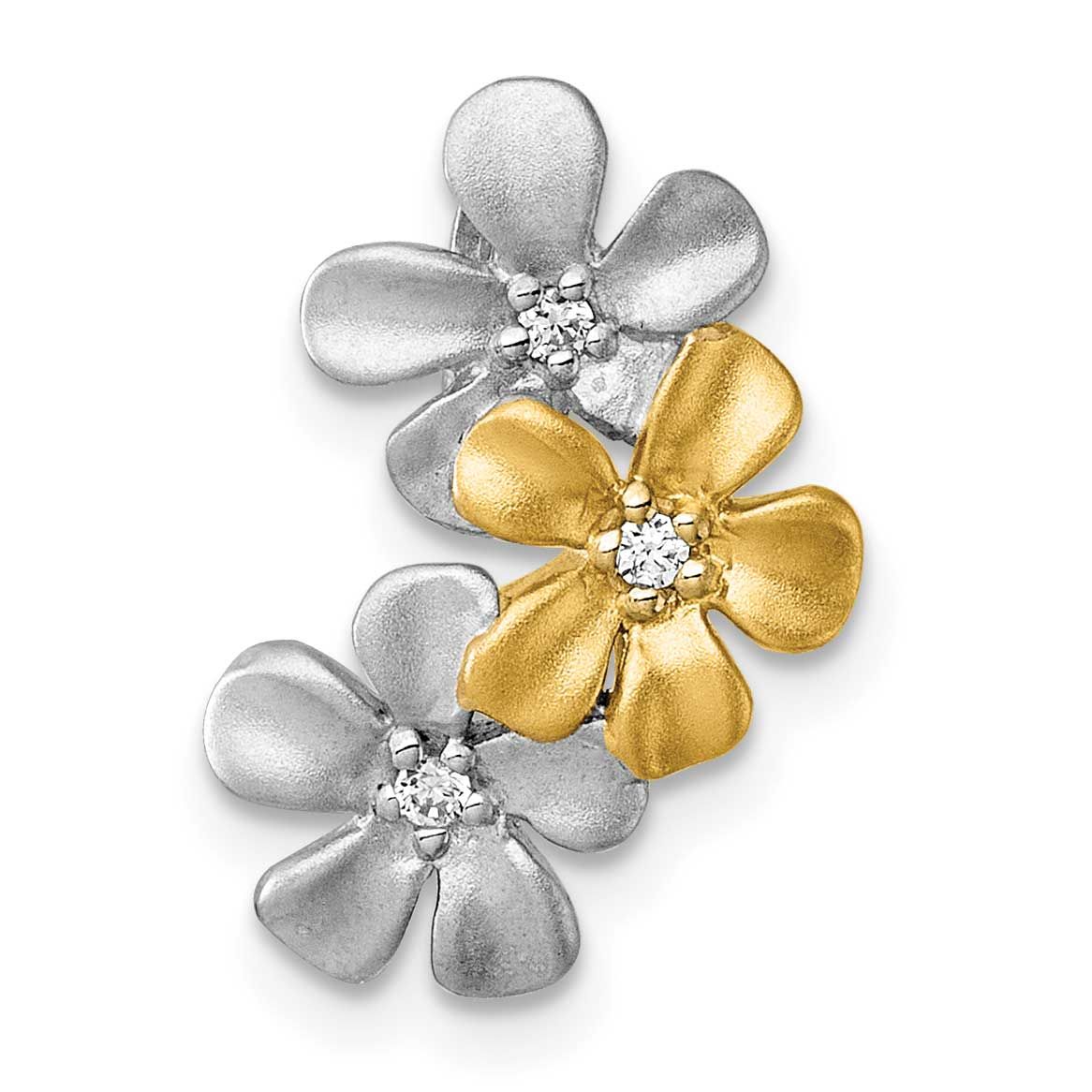 Gold-Plated CZ Three Flower Chain Slide Pendant 18.5 Inch Sterling Silver Rhodium-Plated, MPN: QG72…